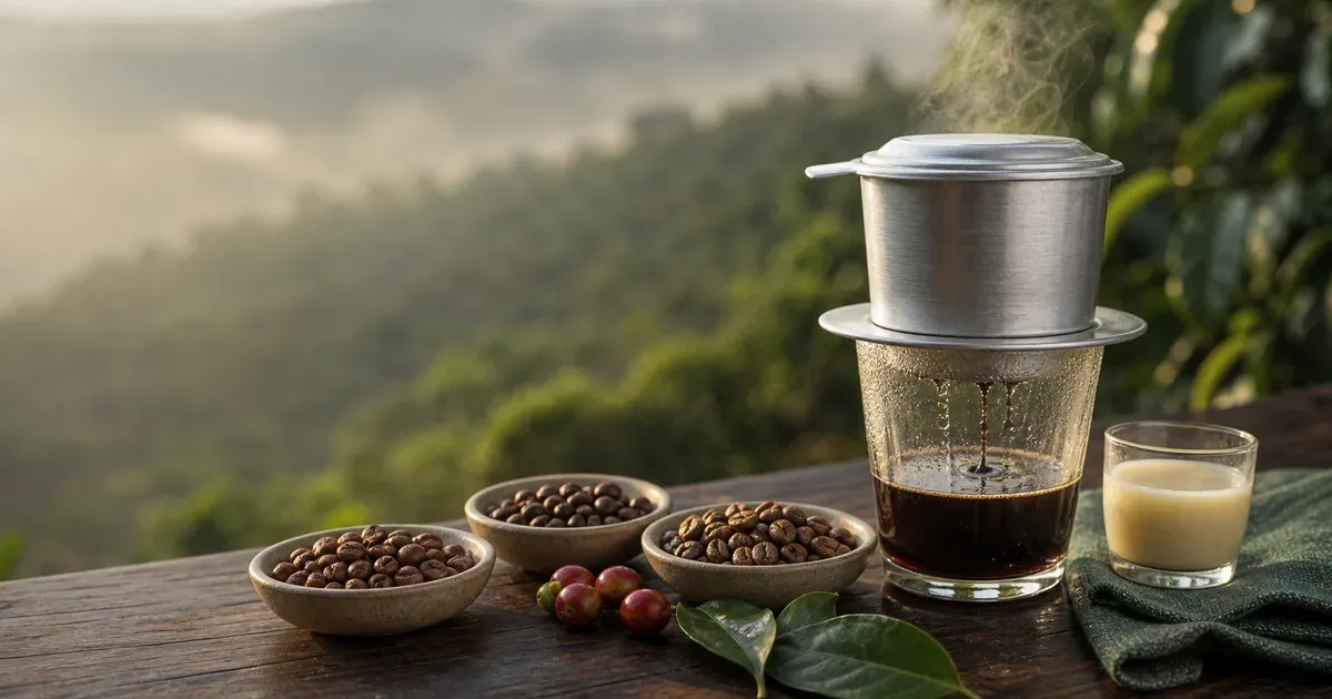 Vietnamese phin filter brewing coffee beside Robusta and Arabica roasted beans